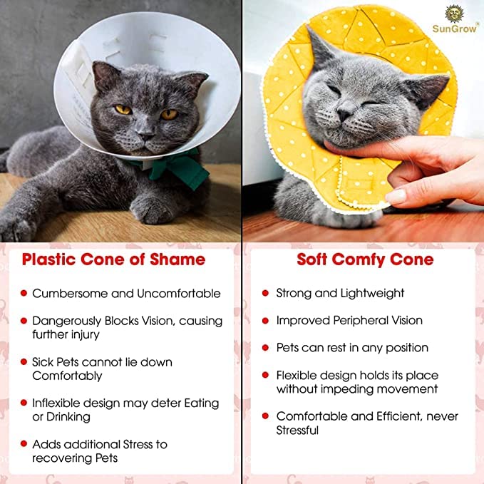 SunGrow Cat Cone Collar Soft, Stop Licking E Collar for Recovery, Post Surgery Stress Relieving with Adjustable Strap Enclosures 9" - 10.5" Neck Size, Yellow - PawsPlanet Australia