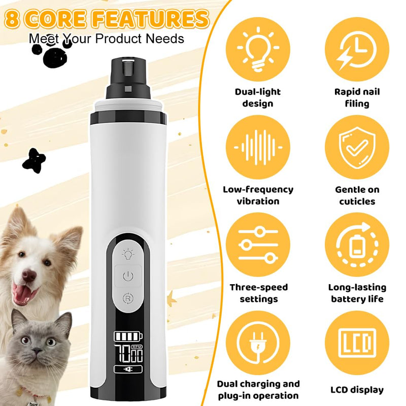 NAVESO Dog Nail Grinders, Dog Caw Grinder with 3 Speed, Dog Claw Clippers, Dog Nail Trimmer with Dual LED Lights and LCD Display, USB Rechargeable LED Pet Nail Grinder for Dogs Cats (2 Heads) - PawsPlanet Australia