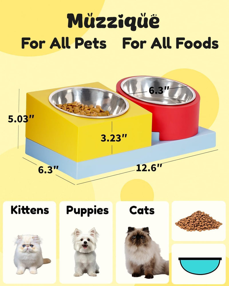 Cat Food Water Bowl Set, for Cats/Dogs, w/ 2 Raised Stainless Steel Puppy Bowls, Elevated DIY Kitten Metal Dishes Stand, Flat Tilted Pet Holder, No Spill Anti Whisker Fatigue Plastic Feeding Station - PawsPlanet Australia