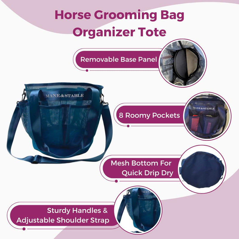 MANE & STABLE Horse Grooming Bag – Hanging Royal Blue Mesh Tote with 8 Pockets & Spacious Compartment | Quick-Drain Design for Barn, Trailer & Wash Rack | Bonus Grooming Set Included - PawsPlanet Australia