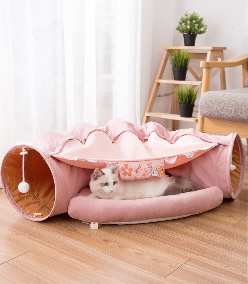 2 in 1 Cat Tunnel Bed Tube with Cushion and Plush Ball Toy Playground Crinkle Collapsible for Large Cats Kittens Kitty Puppy Small Dog Foldable Soft Pet Play Bed Indoor Outdoor- Pink Cat Tunnel Bed - PawsPlanet Australia