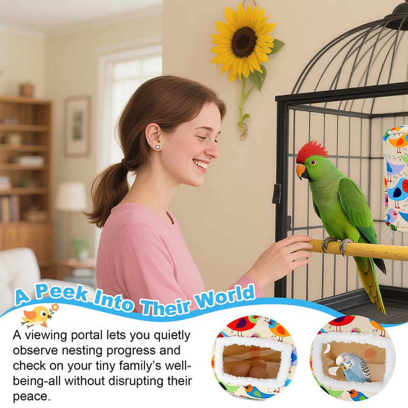 Cotton Bird Bed & Hammock for Cage - Winter Snuggle Nest with Entry Hole, Observation Window & Screw/Chain Mounting for Parakeets, Cockatiels