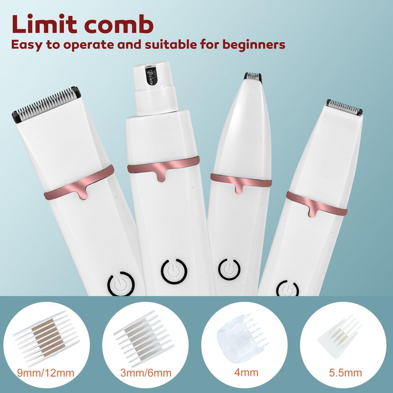 Dog Grooming Clippers, Upgrade Waterproof Cordless Low Noise 4-in-1 Cat Trimmer for Grooming, Rechargeable USB Dog Paw Trimmer - Includes 4 Guide Combs Preferred White - PawsPlanet Australia