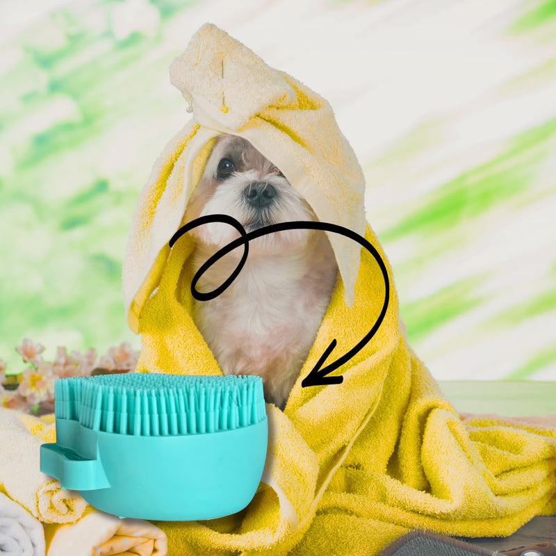 Dog & Cat Bath Brush with Built-In Shampoo Dispenser - 2-in-1 Silicone Pet Grooming Massage Brush for Anxiety Relief & Deep Cleaning - Luxury Spa Treatment (Yellow) Blue - PawsPlanet Australia