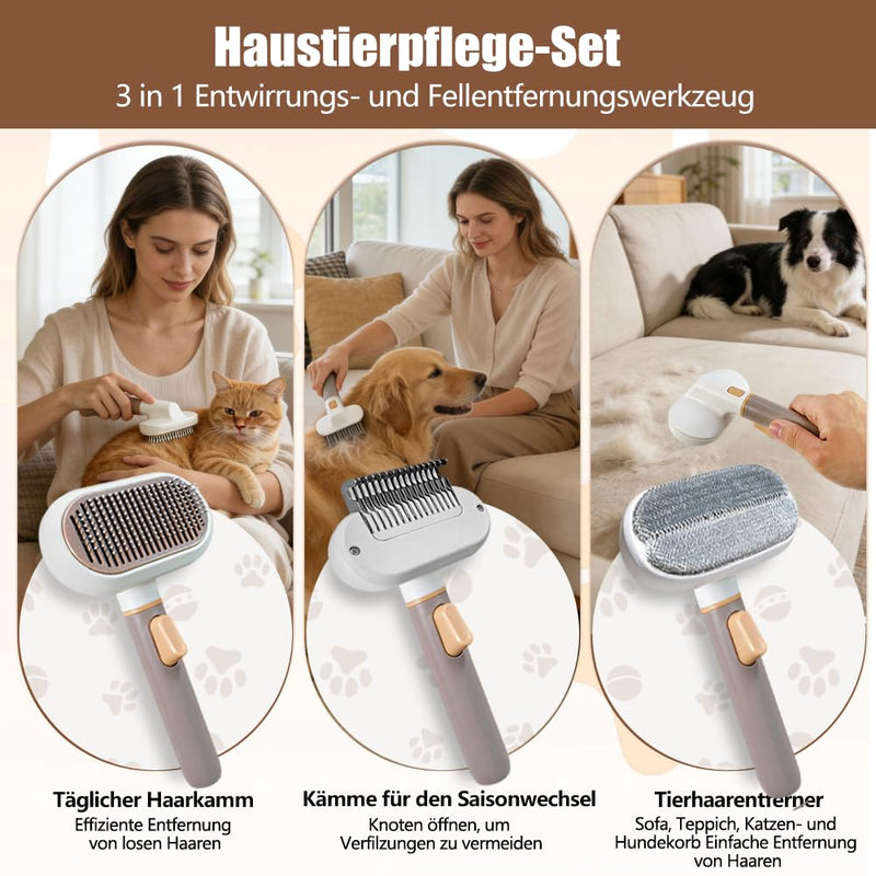 3-in-1 Cat Brush Long Hair and Dog Brush, Versatile Self-Cleaning Hair Comb, Stainless Steel Comb Removes Unwanted Hair and Untangling Knots, Massage Bristles, One Button Hair Removal