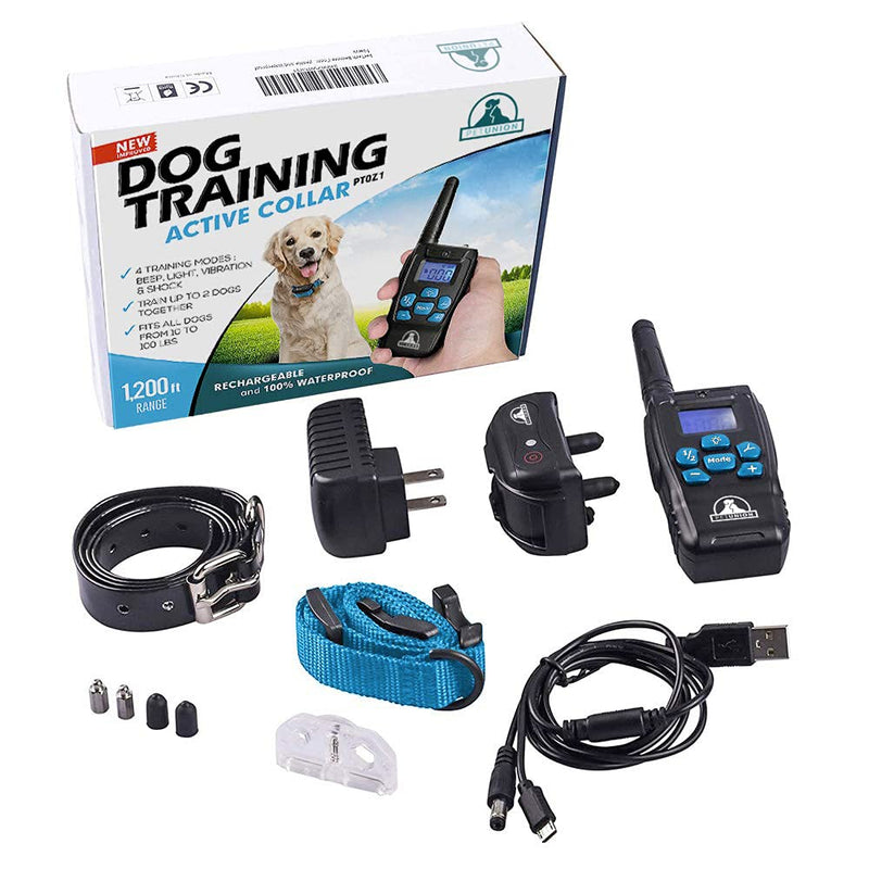 Pet Union PT0Z1 Premium Training Shock Collar for Dogs with Remote - Fully Waterproof, 4 Adjustable Training Modes - Shock, Vibration, Beep - Up to 1200ft Range Blue - PawsPlanet Australia