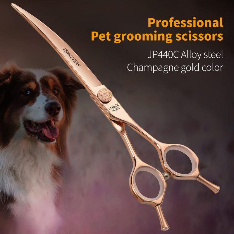Fenice Peak Curved Dog Grooming Scissors Champagne Gold 440C Stainless Steel Professional Pet Cutting Shears Safety Trimming Shearing for Dogs and Cats 6.5 Curved Shear - PawsPlanet Australia