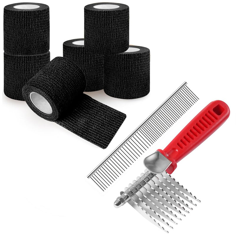 QUMY 6 Pack Black Self-Adhesive Bandage Wrap 2 Inch x 5 Yards and Dog Comb Set for Dematting Knotted Hair