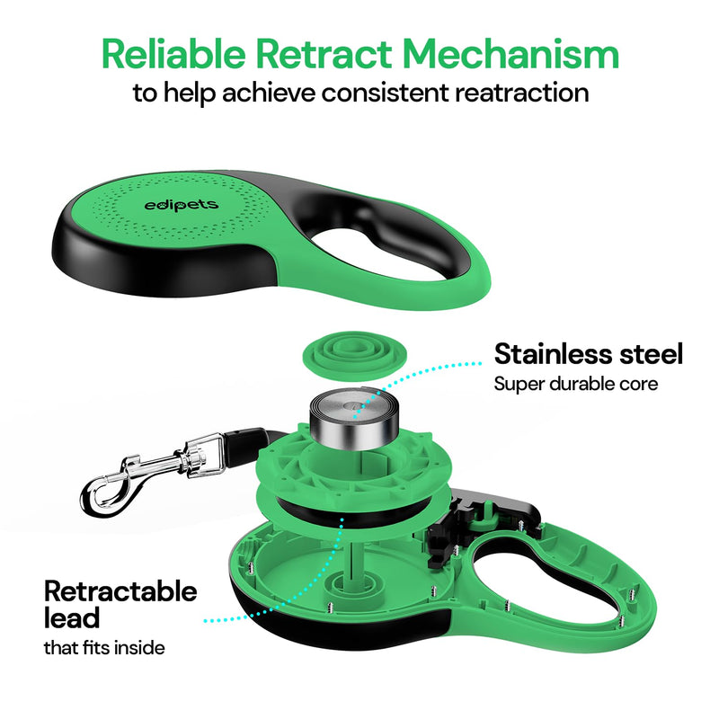 Edipets, Retractable Dog Leash, 5 Meters, Includes Bag Dispenser, Flexible Tape for Training and Walking, for Small, Medium and Large Dogs (Green, 5 Meters) Green/Grey 8 metres