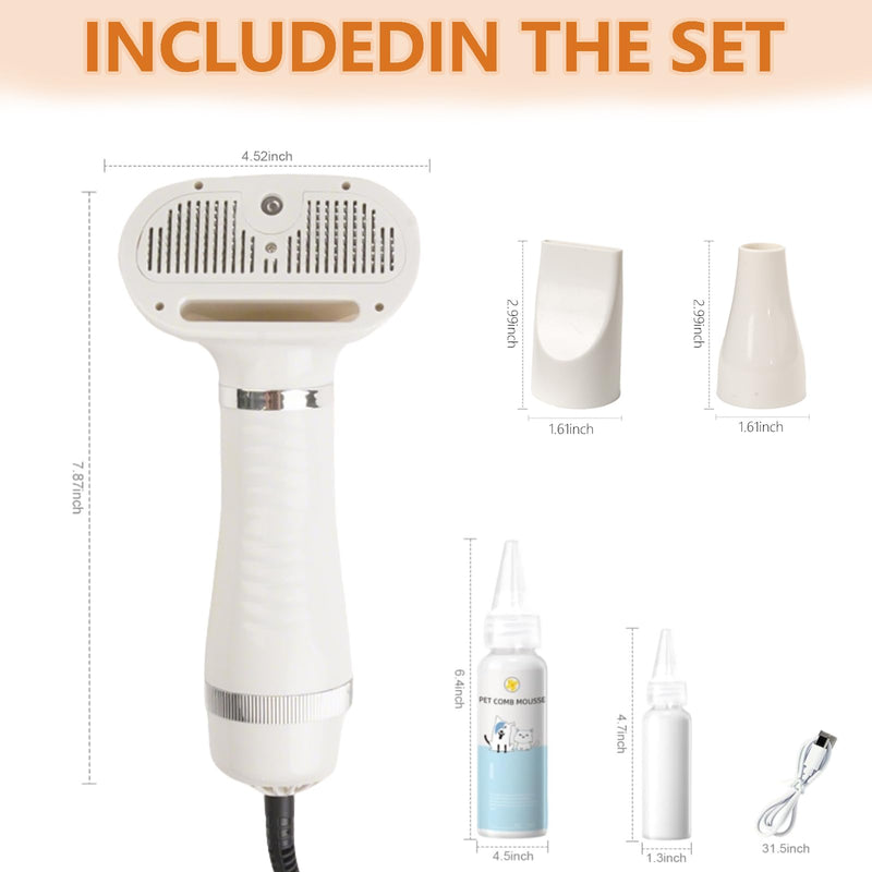 6 in 1 Dog Cat Steam Brush with Dryer - Pet Grooming Spray Brush for Shedding, Drying, Massaging, Deodorizing, Self-Cleaning - Includes Leave-In Pet Hair Care Solution - Easy to Use & Store Hide translation - PawsPlanet Australia