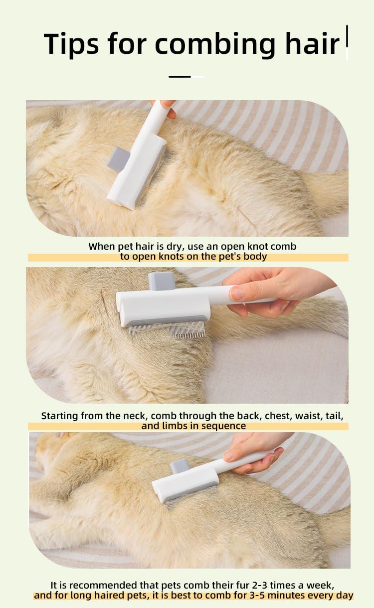 Cat Shedding Comb for Long Matted Hair, Cat Flea Comb for Indoor Cats or Dogs, Release Button Self-Cleaning Pet Combs, Long & Short Stainless Steel Metal Teeth, White - PawsPlanet Australia