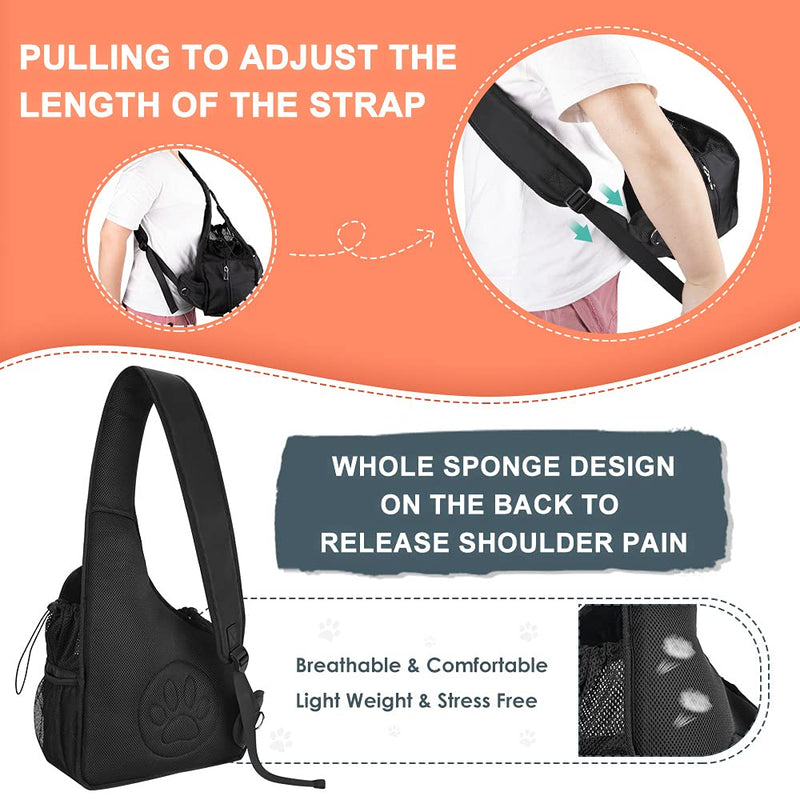 AUTOWT Small Animal Sling, Hands Free Papoose Small Dogs Cats Pet Puppy Travel Carrier Bag Tote Adjustable Padded Strap Breathable Mesh Hard Bottom Support Drawstring Opening Front Pocket Safety Belt For Pet Up to 6 lbs Black - PawsPlanet Australia