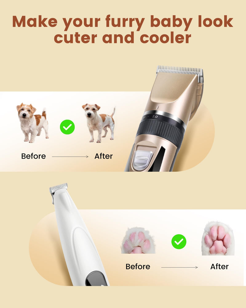 2 in 1 Dog Grooming Kit, Low Noise Rechargeable Dog Clippers for Grooming, Cordless Dog Grooming Clippers and Dog Paw Trimmer, Dog Shavers for Grooming Small Dogs Cats Animals Gold