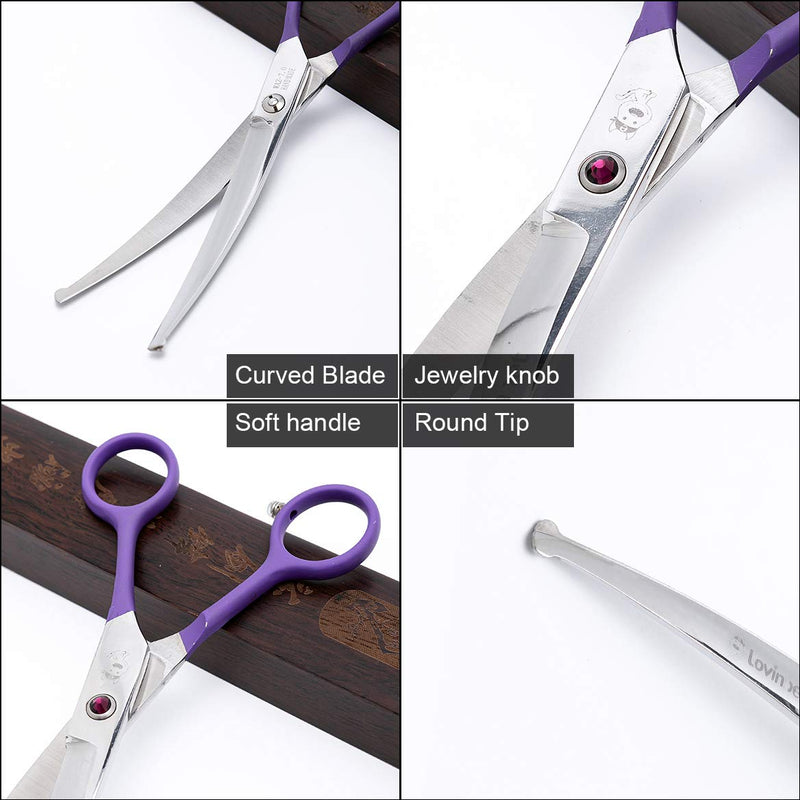 LovinPet Pet Grooming Scissors 7" Curved Right/Left-Handed Pet Round-Tip Grooming 6CR Stainless Steel Safety trimming shears for Dogs and Cats (Easy use Curved Scissor) Purple - PawsPlanet Australia