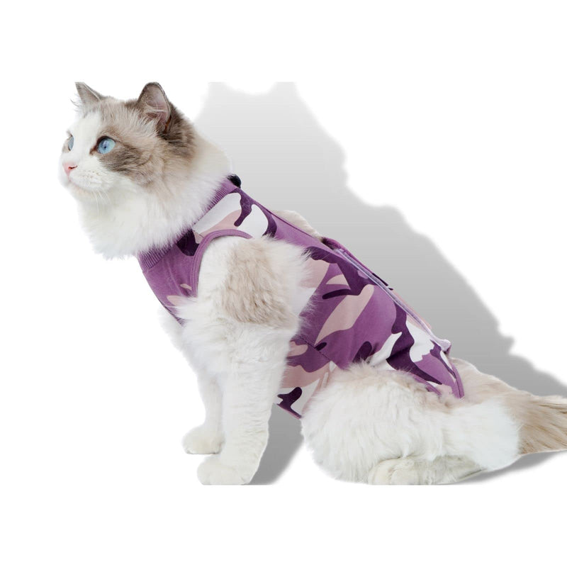 New Professional Cat Recovery Suit After Surgery as E-Collar Alternative, Kitten Recovery Suit for Spay to Cover Abdominal Wounds, Camouflage Cat Apparel Anti-Licking Cat Onesie (S, Purple) Small