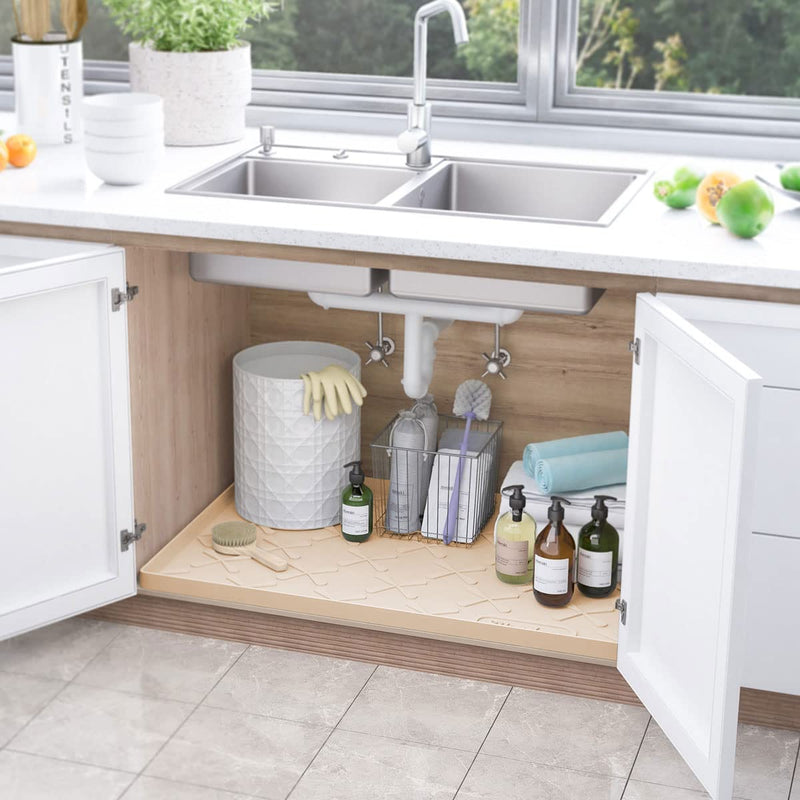 SIKADEER Silicone Under Sink Mats for Kitchen Waterproof 34" x 22", Raised Edge Cabinet Protector Shelf Liner, Bathroom Organizers and Storage Boot Tray Pet Mat Beige 34"W x 22"L - PawsPlanet Australia