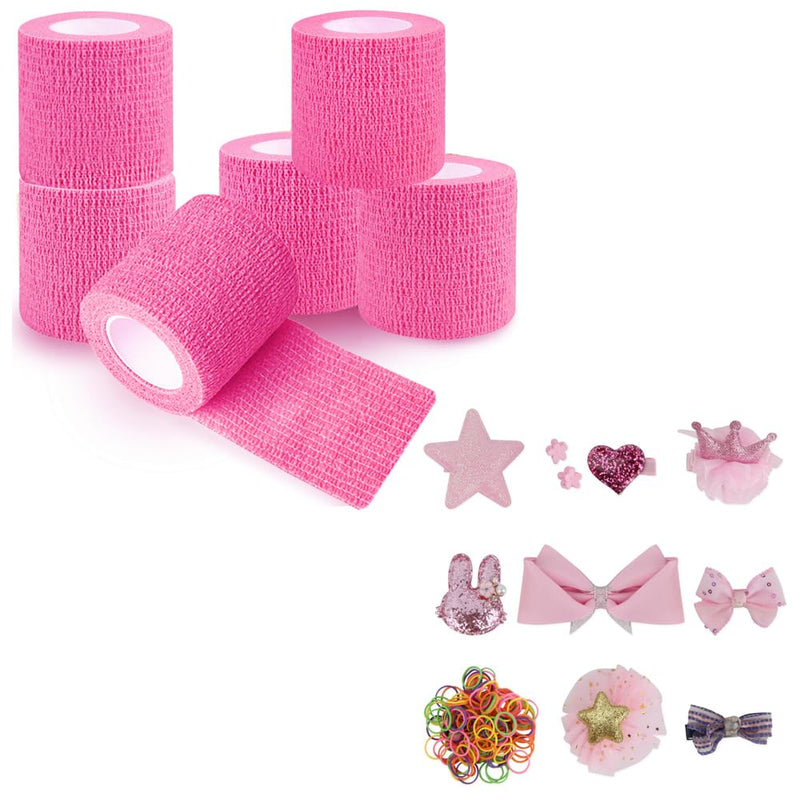 QUMY 6 Pack Pink Self-Adhesive Bandage Wrap 2 Inch x 5 Yards and Dog Hair Clips Set