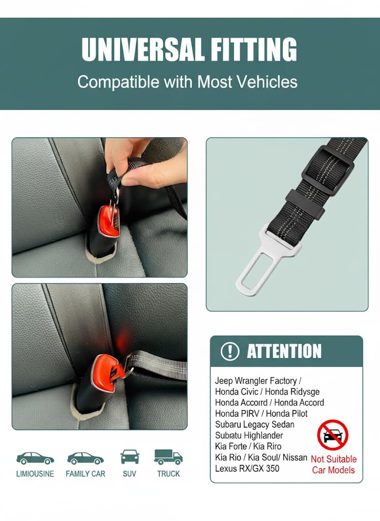 Double Dog Seat Belt for Car - No Tangle Dual Dog Leash with Elastic Bungee, Adjustable Reflective Pet Safety Car Seatbelt Restraint Tether for Two Dogs - PawsPlanet Australia