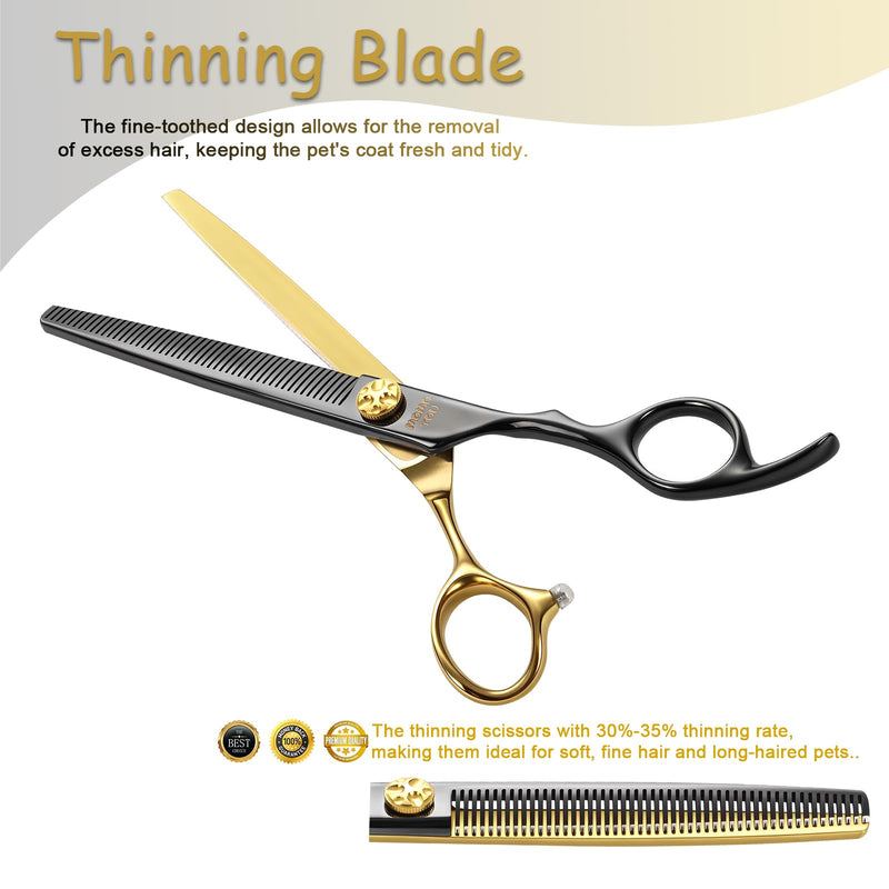 7'' Thinning Dog Grooming Scissors with Decorative Screw Sharp and Durable Black and Gold 440C Stainless Steel Dog Thinner Shears Easy Use for Groomers and Beginners - PawsPlanet Australia