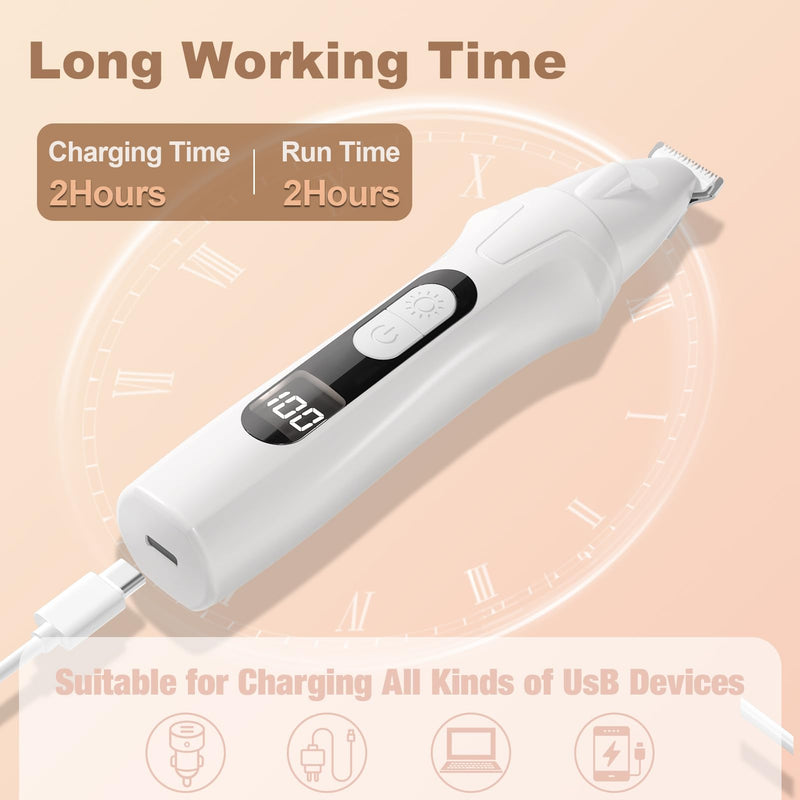 Dog Paw Trimmer with LED Display, 35dB Low Noise Electric Dog Clippers for Grooming, Cordless Paw Trimmers for Dog's Feet, Eyes, Ears, Face, Rump with LED Light (White) - PawsPlanet Australia