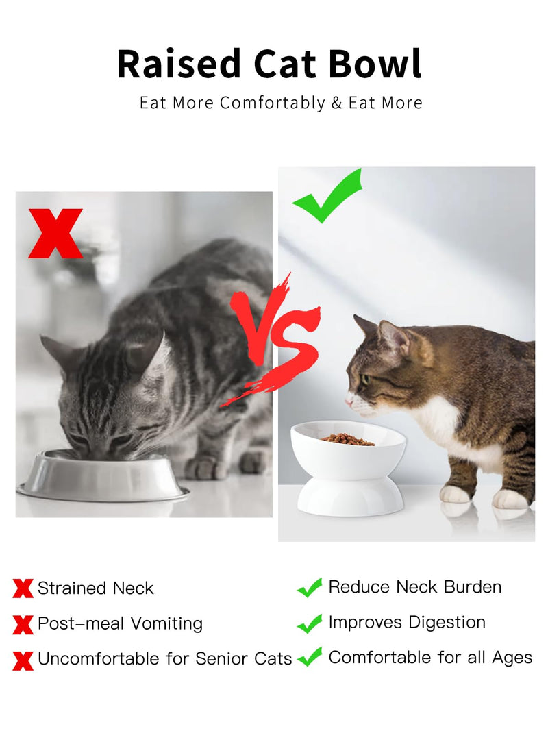 Cat Water Bowl, 16 OZ Ceramic Elevated Cat Dish, 15° Tilted and Raised Pet Food Bowl, Anti Vomiting Protect Pets' Spines and Whisker Fatigue 1 Pack White - PawsPlanet Australia
