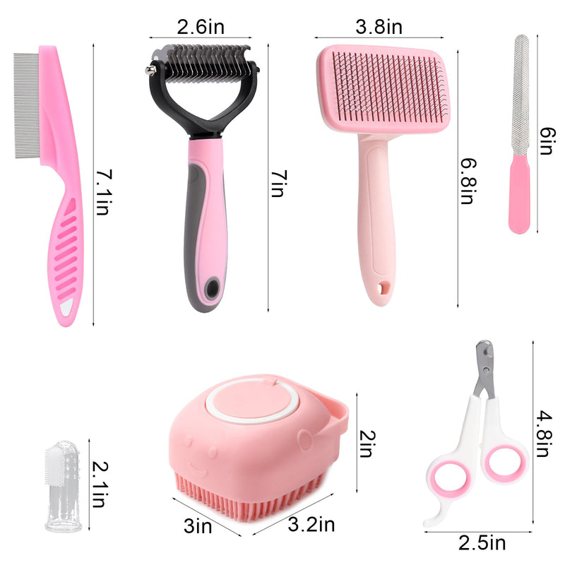 VCZONE 8 Pcs Dog Grooming Kit with Self Cleaning Tools: Nail Clipper, Flea Comb, Shampoo Brush, Shedding Brush, Dematting Comb, Silicone Toothbrush (Pink) Pink - PawsPlanet Australia