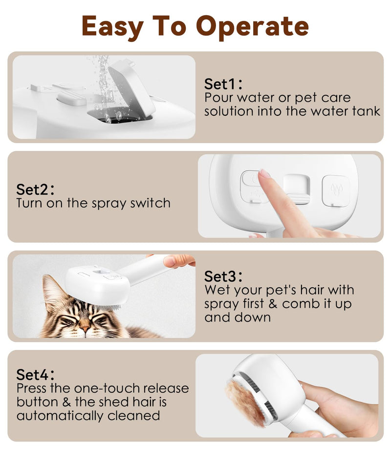 3-In-1 Cat Steam Brush for Shedding, One-Touch Release - Rechargeable - Self Cleaning Comb for Indoor Cats, Anti-Static Grooming Brush for Long and Short-Haired Cat/Dog, White - PawsPlanet Australia