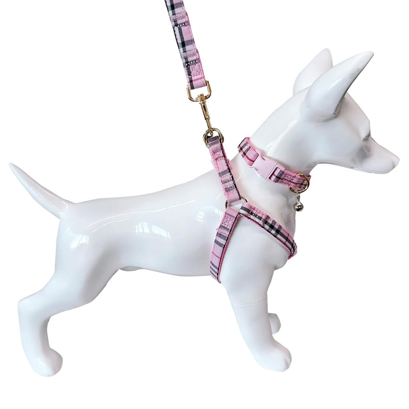 Cute Plaid Dog Collar Harness and Leash with Safety Buckle - Adjustable and No Pull Comfortable Dog Collars for Small Puppy, Stylish Durable Gift for Boy Girl Pets S pink-03 - PawsPlanet Australia