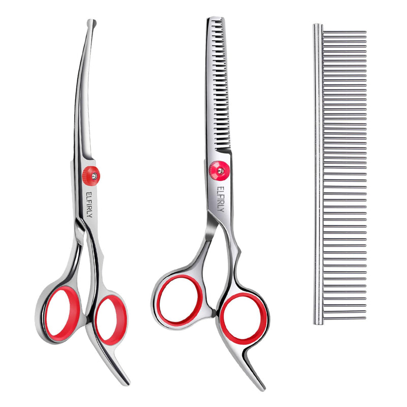 Dog Grooming Scissors Set with Safety Round Tip (2 Pack - Curved Scissors Thinning Shears for Grooming) Pet Grooming Shears with Grooming Comb for Dogs and Cats Red