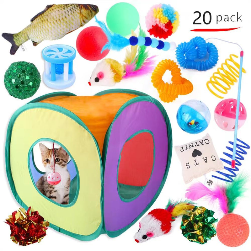 20Pcs Cat Toys Kitten Interactive Pet Toys Assortments, Teaser Wand Fluffy Mouse Crinkle Balls Bell Play for Puppy Kitty 20Pcs - PawsPlanet Australia