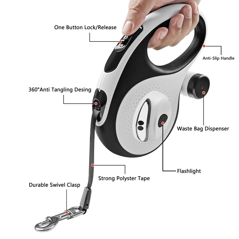 Retractable Dog Leash with Waste Bag Dispenser and Flashlight, 26ft Dog Leash for Small Medium and Large Dogs up to 110lbs, One Button Break & Lock,360°Tangle Free, Soft Anti Slip Grip,White 26ft-white - PawsPlanet Australia