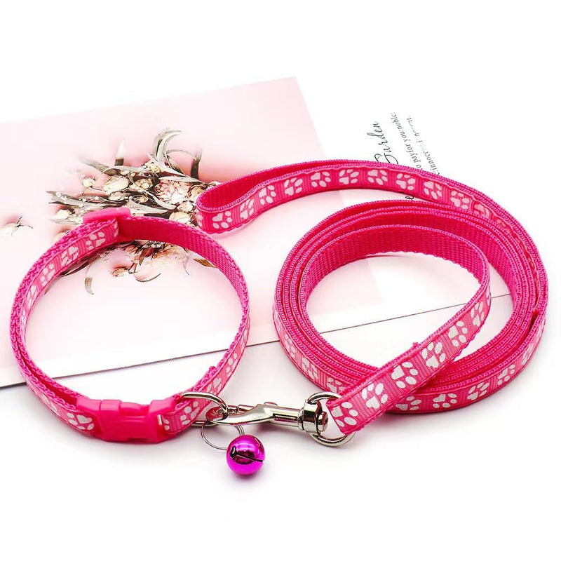 XS Dog Collar Leash Set, Nylon Puppy Collars with Bell Paw Print Basic Reflective Small Dog Collars Girls for XXS Xs Small Pet Animal Litter Tiny, Hot Pink Neck 7-12" - PawsPlanet Australia