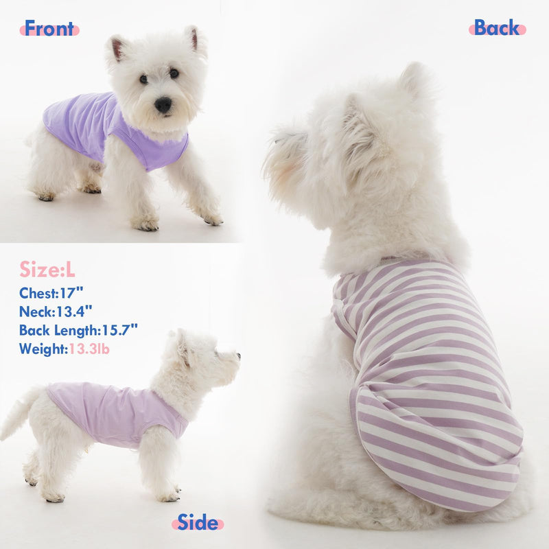 3 Pack L-Striped Purple Dog Tshirt,French Bulldog Large Sleeveless Tee to Prevent Overheating,Seaside,Backyard,Lightweight Cozy Indoor Lounge Wear,Striped & Solid Color(Purple,L) Large（Chest:18"） - PawsPlanet Australia