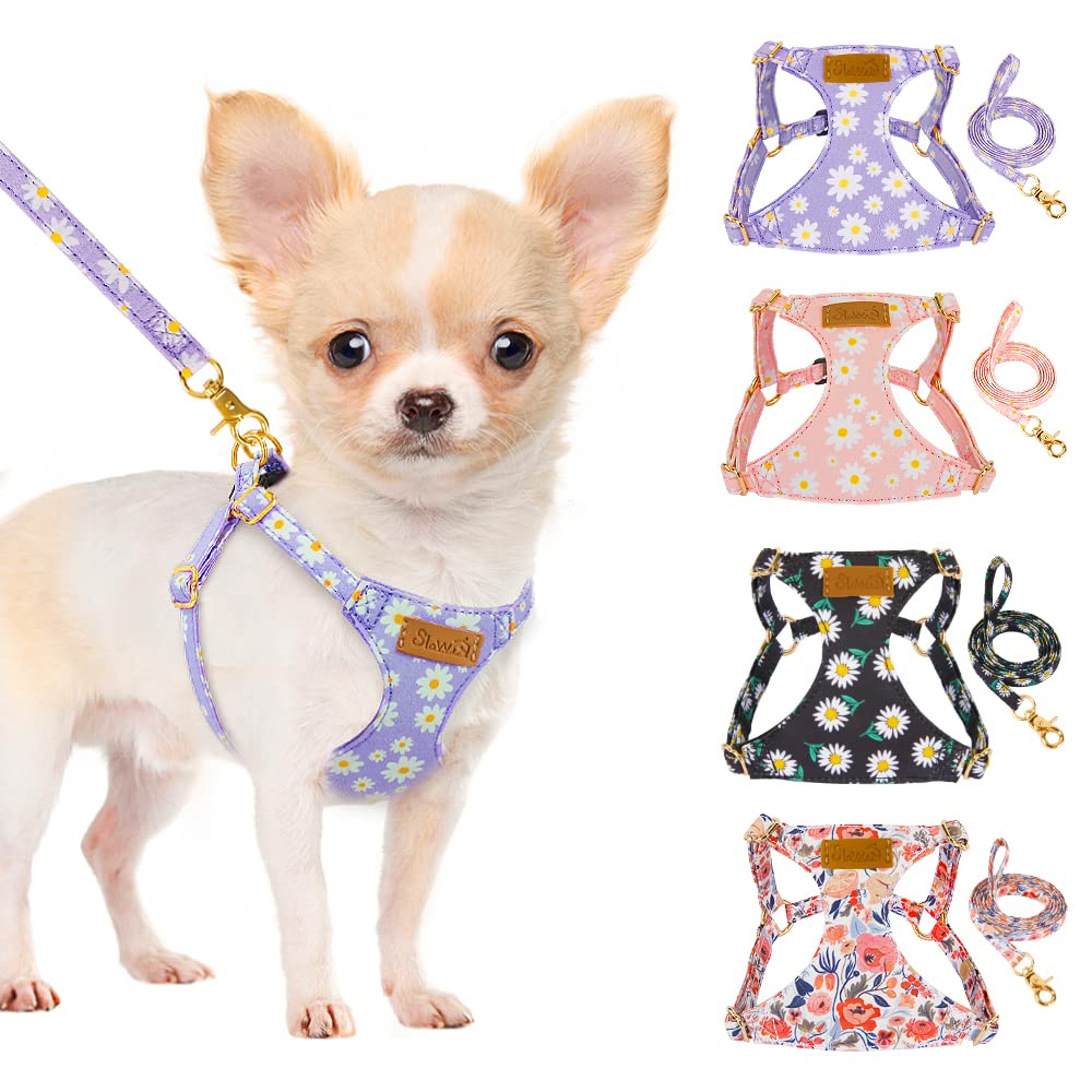 SlowTon No Pull Dog Harness with Leash - Soft Lightweight Floral Pattern Puppy Harness, Adjustable Pet Harness for Small Medium Dogs Doggie (Purple XS) X-Small(4.5-11lb) Purple