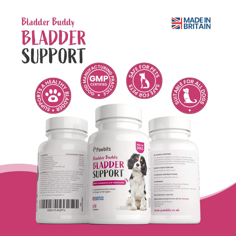 Pawbits 120 Bladder Buddy Support Tablets for Dogs - Dog UTI treatment Food Supplements with Cranberry and D-Mannose to Support Kidney & Urinary Health - PawsPlanet Australia