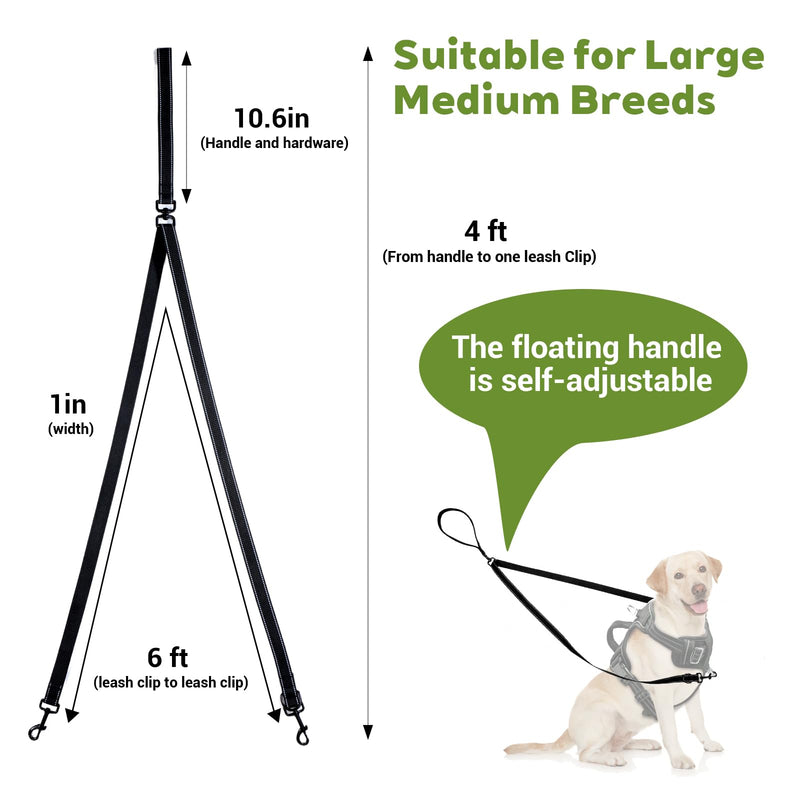 Two Point Control Dog Leash Soft Padded and Reflective Nylon Walking Lead No Tangle Training Leashes Converts to Single Lead Works with No Pull Harnesses for Medium Large Dogs (Black) - PawsPlanet Australia