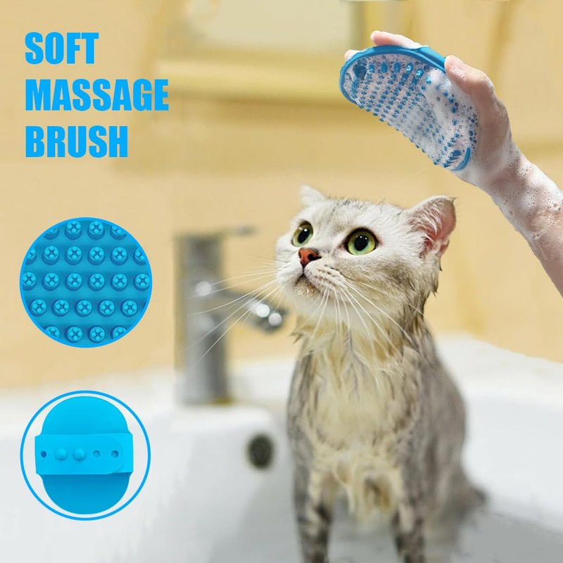Grooming Brush Kit - 5pcs for Shedding & Matted Fur, Self-Cleaning with Flea Comb for Indoor Long-Haired Cats, Blue Blue Long - PawsPlanet Australia