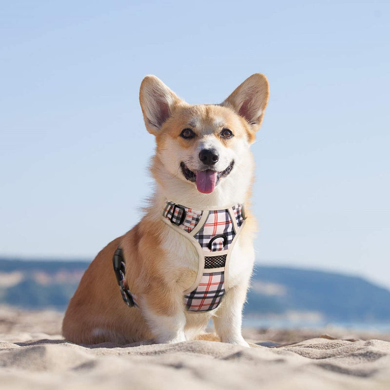 PoyPet Plaid Dog Harness, No Pull Front Clip Pet Vest Harness, Soft Padded Reflective Adjustable Walking Harness with Handle for Medium Dogs(Checkered Beige,M) Checkered Beige