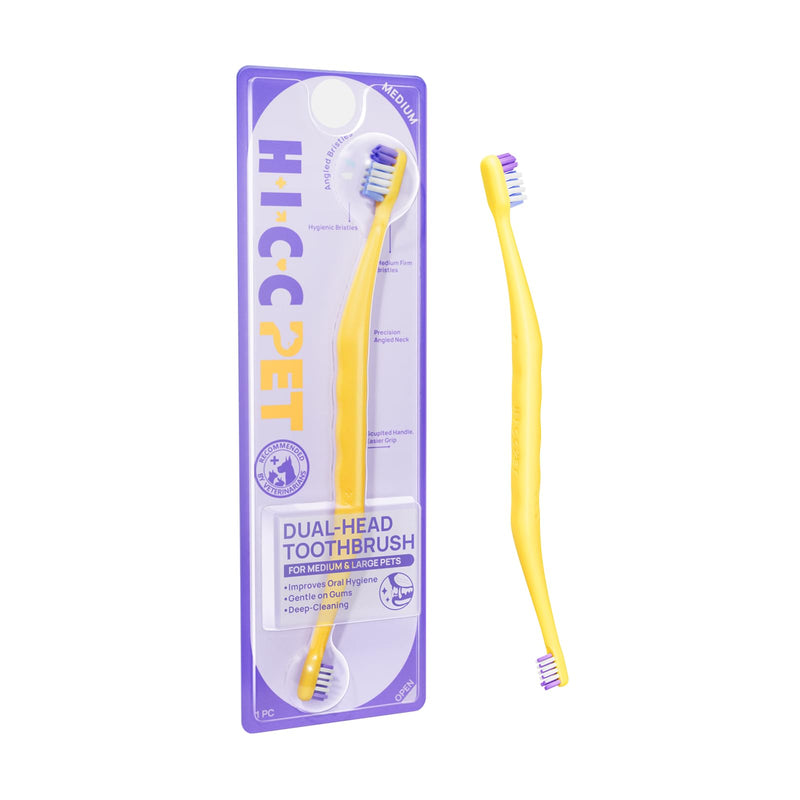 HICC PET Toothbrush for Dogs & Large Cats, Vet-Recommended Ergonomic Pet Toothbrush for Easy Teeth Cleaning, Gentle on Gums, Cat & Dog Dental Care, Improves Oral Hygiene. Toothpaste Not Included Yellow for Dogs & Large Cats