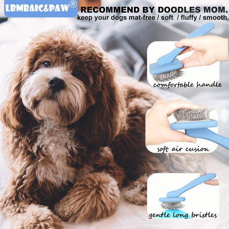 Dog Slicker Brushes for Poodles,Doodles,Goldendoodle,Bernedoodle.Slicker Brush for Thick Long Curly Fur Deshedding,Fluff,Grooming.Remove Loose Fur Quick Easy.Long Pin Slicker Brush.Wood body(Large) Blue