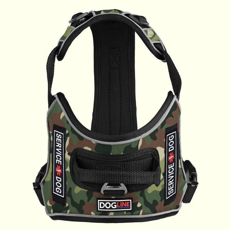 Dogline Quest No-Pull Dog Harness with 3D Rubber Service Dog Removable Patches Reflective Soft Comfortable Dog Vest with Quick Release Dual Buckles Black Hardware and Handle 18 to 22 inches Green Camo Girth 18" to 22" - PawsPlanet Australia