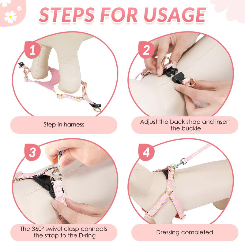 Lukovee Puppy Harness and Leash Set, No Pull Lightweight Soft Suede Adjustable Pet Harness Vest with Snap Buckle for Puppy Small and Medium Size Dog (Pink-XXS) XX-Small ( 2.2-6lb ) Pink Daisy - PawsPlanet Australia