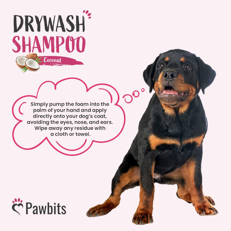 Pawbits Drywash Shampoo for Dogs - Puppy Friendly 3-in-1 Dry Shampoo to Clean, Condition & Detangle – No Water Required (Coconut - 200ml) Coconut - 200ML - PawsPlanet Australia