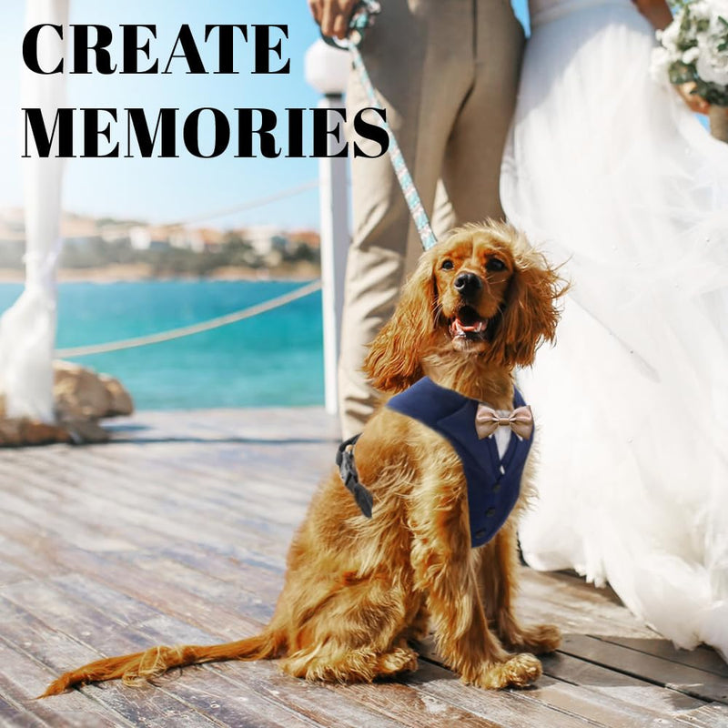 AVERYDAY Dog Tuxedo for Wedding Outfit, Dog Suit and Tie Costumes for Birthday, Halloween, Cosplay, Christmas Party, Pet Formal Wear with Bowtie, Tux for Small Dogs, Chihuahua, Bichon, Maltese, Cats S (Chest 16.9-21.1 in) Blue Tux+Champagne Tie - PawsPlanet Australia