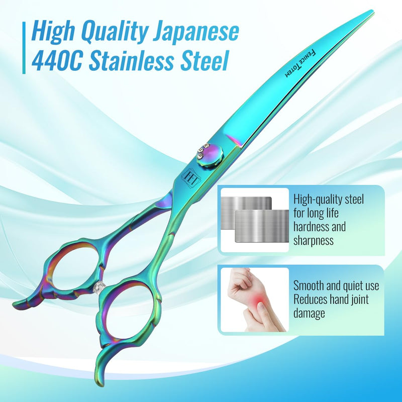 Dog Grooming Scissors: 7" Curved Pet Shears Made Of Japanese 440C for Trimming Dogs Cats and Other Pets Green 7" - PawsPlanet Australia