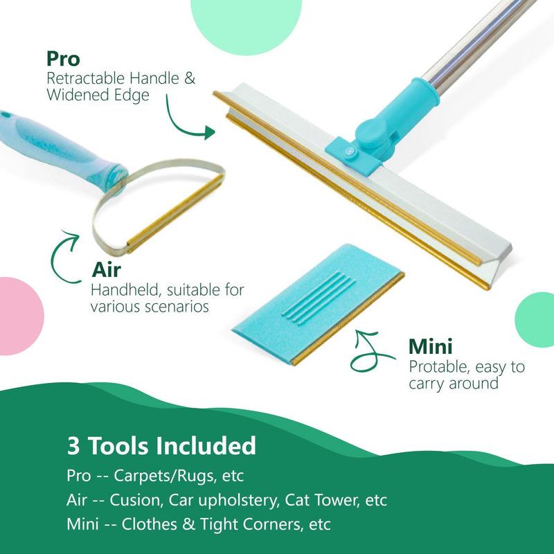 Pet Hair Remover Set, 3Pcs Dog & Cat Hair Removal Tool Set, Retractable Carpet Rake for Pet Hair, Pet Hair Removal Tool for Funiture, Carpet Brush for Rug, Couch, Pet Bed, Cat Tower (Blue) Blue - PawsPlanet Australia
