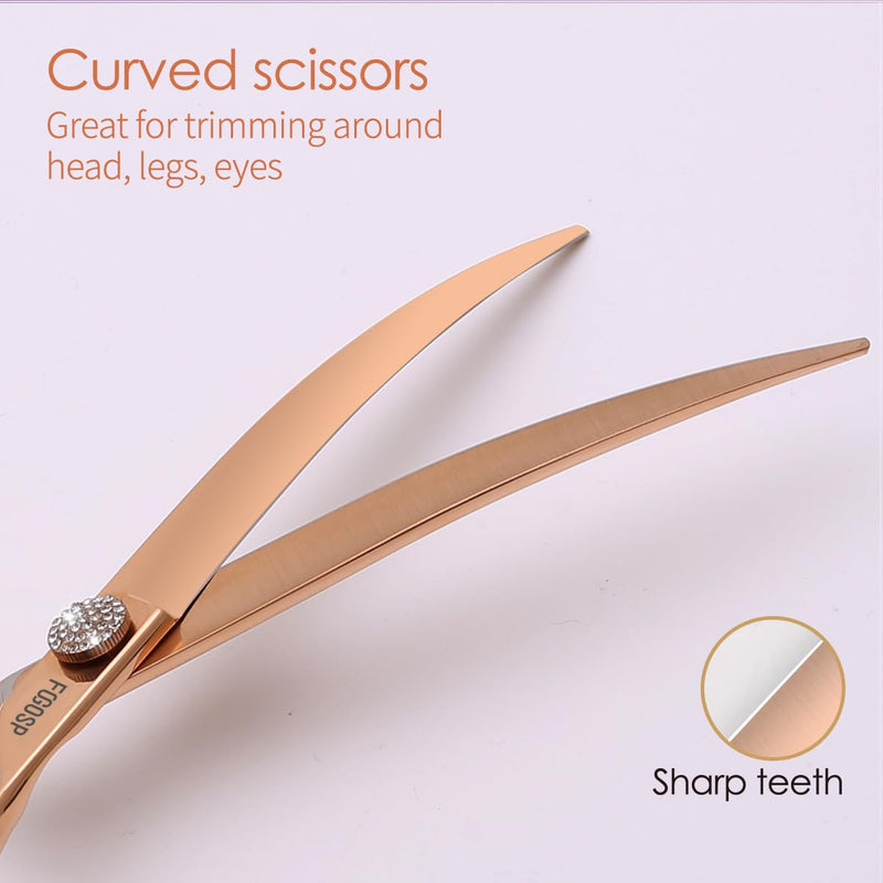 Rose Gold Titanium Curved Dog Grooming Scissors 8'' Downward 30° with Jewelled Screw Japan 440C Professional Pet Grooming Trimming Shears for Large Dogs Poodle(8,Curved) Curved Shears 8 inch - PawsPlanet Australia