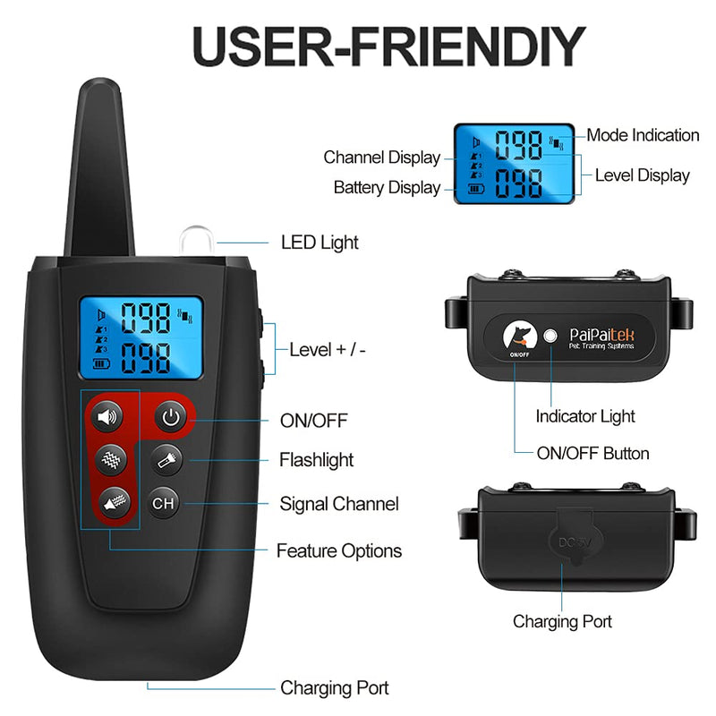 Paipaitek No Shock Dog Training Collar, 3300ft Range Vibrating Dog Collar, IPX7 Waterproof Dog Training Collar with Remote, only Sound and Vibration Collar for Training Dogs Black - PawsPlanet Australia