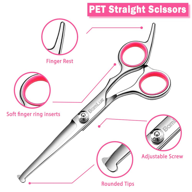 Bamlue 6 in 1 Professional Stainless Steel 4CR Safety Round Tip Dog Grooming Scissors, Anti-Rust Shears Cat Grooming Scissors Pet Kit, Thinning Straight Comb for Long Short Hair-Pink Pink - PawsPlanet Australia