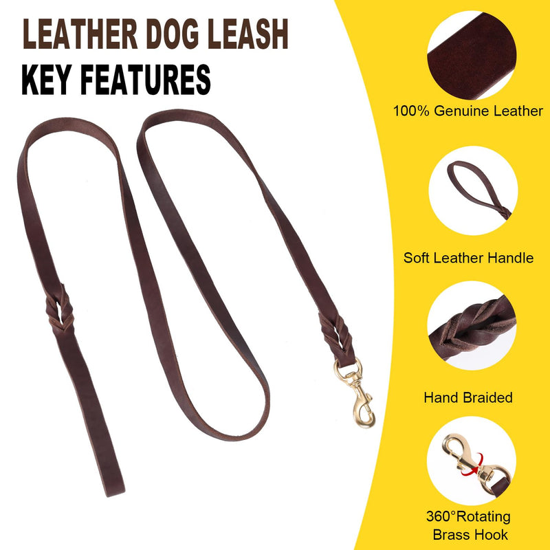 LWBMG 5FT Leather Dog Collar and Leash Set, Heavy Duty Dog Leash and Collar with Metal Buckle,Adjustable Pet Lead and Collar Set, Soft Pet Leash and Collar for Small Medium Dogs Brown S:Fit Neck:8.86~13.2'' - PawsPlanet Australia